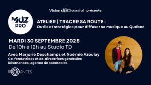 Affiche d'un atelier de musique intitulé "Atelier | Tracer sa route" avec Marjorie Deschamps et Noémie Azoulay, avec les détails de l'événement et leur photo à droite, organisé par Vision Diversité.