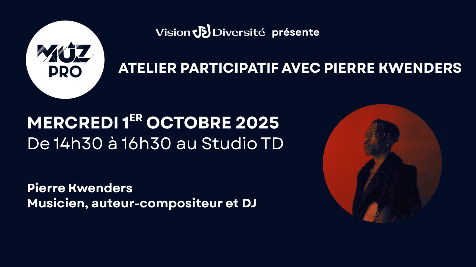 Affiche d'un atelier avec Pierre Kwenders. Le texte précise la date, l'heure et le lieu de l'événement, ainsi que le rôle de Kwenders. Elle comporte une photo de Kwenders en manteau de fourrure, tourné vers la droite, sur fond de cercle rouge.