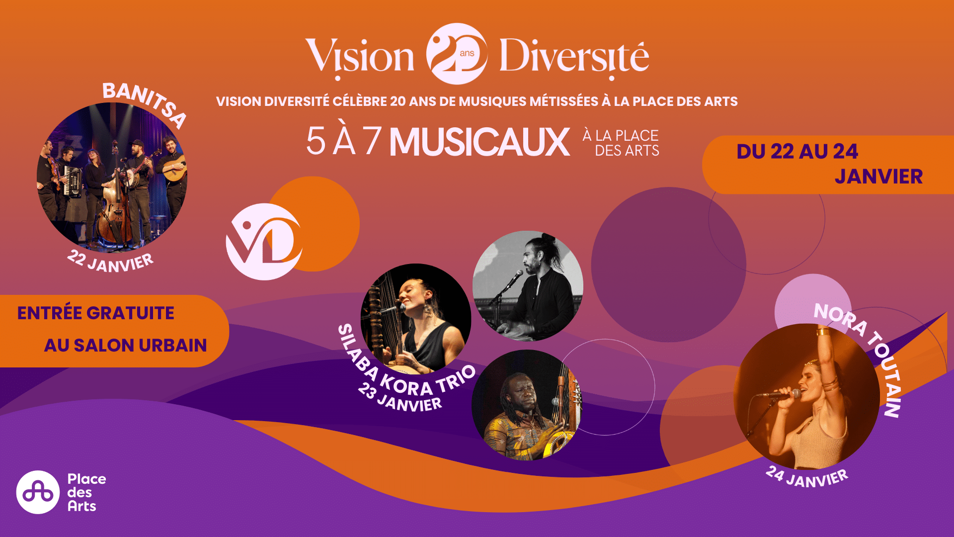 Graphique promotionnel pour le 20e anniversaire de Vision Diversité, avec des concerts du 22 au 24 janvier, mettant en vedette Banitsa, Sílaba Kora Trio, et Nora Toutain, avec entrée gratuite à la Place des Arts, Salon Urbain.