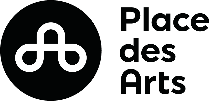 Le logo de la Place des Arts représente un cercle noir avec un motif abstrait blanc à gauche et les mots 