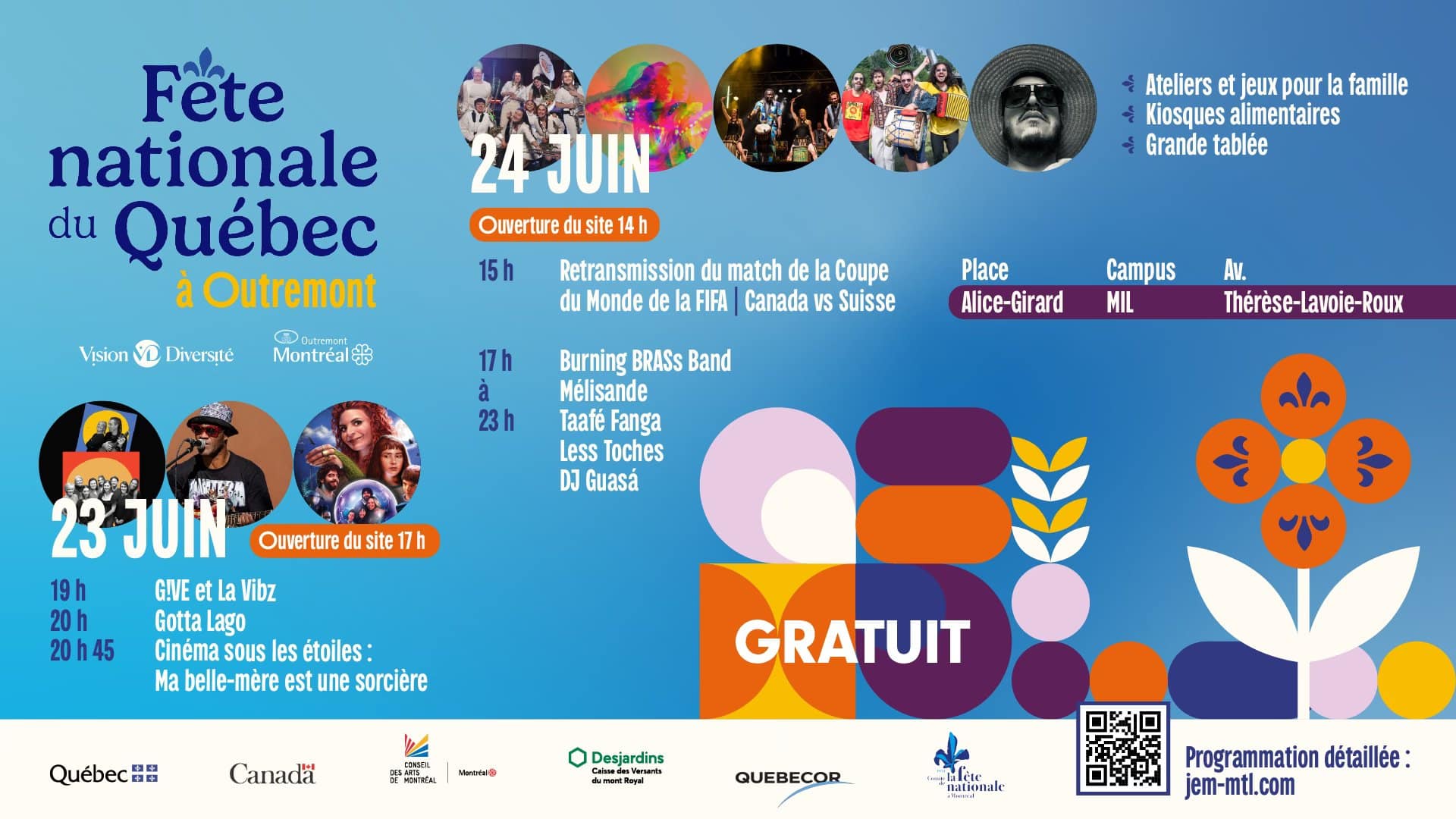 Affiche colorée de la Fête nationale du Québec à Outremont, énumérant les activités des 23 et 24 juin 2024 : concerts, jeux, nourriture et BRA's Band. La mention 