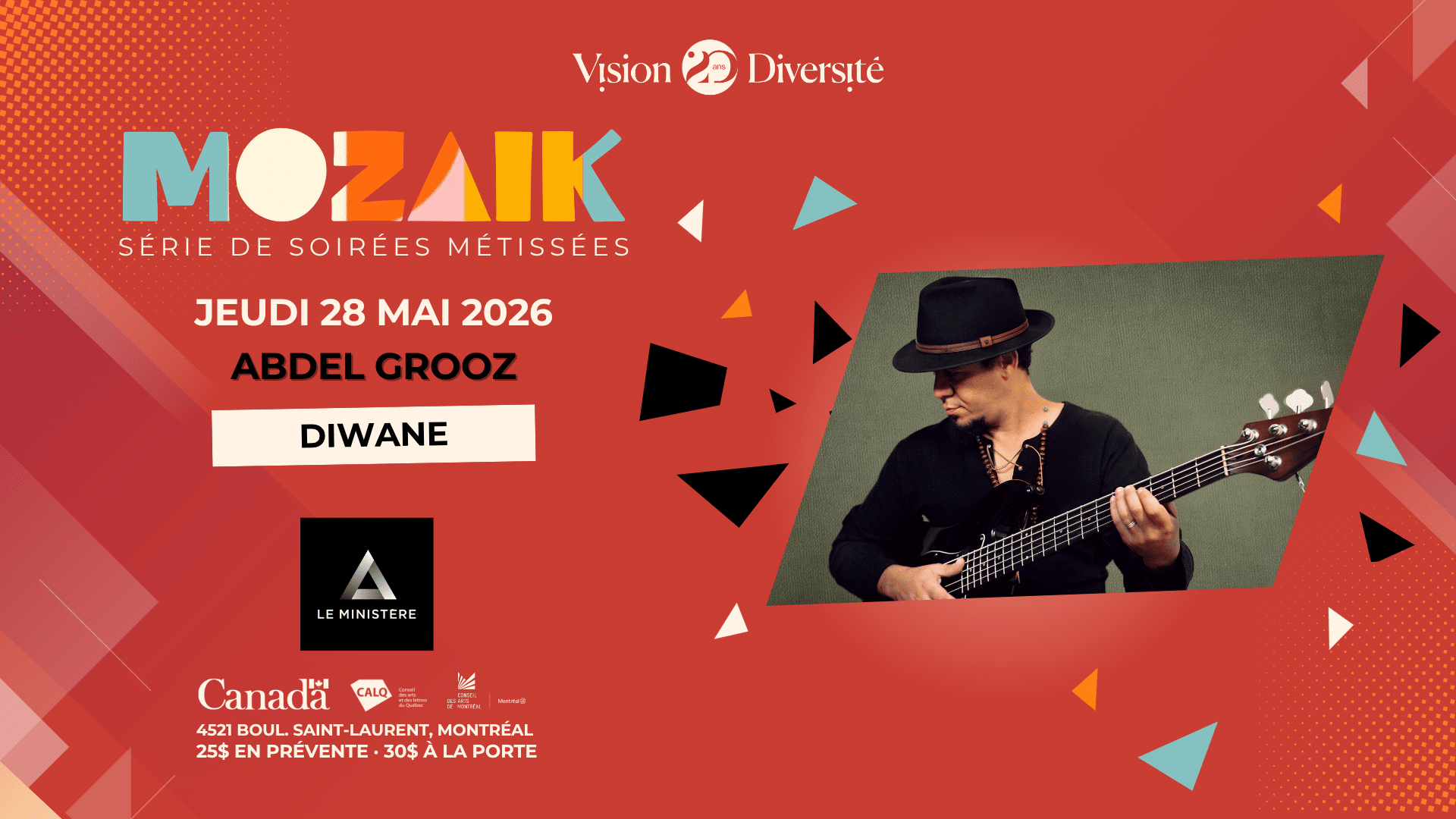 Affiche promotionnelle pour l'événement Mozaïk du 28 mai 2026, avec Abdel Grooz et Diwane. Elle montre un homme jouant de la guitare basse et les détails de l'événement avec des formes géométriques colorées sur un fond rouge.