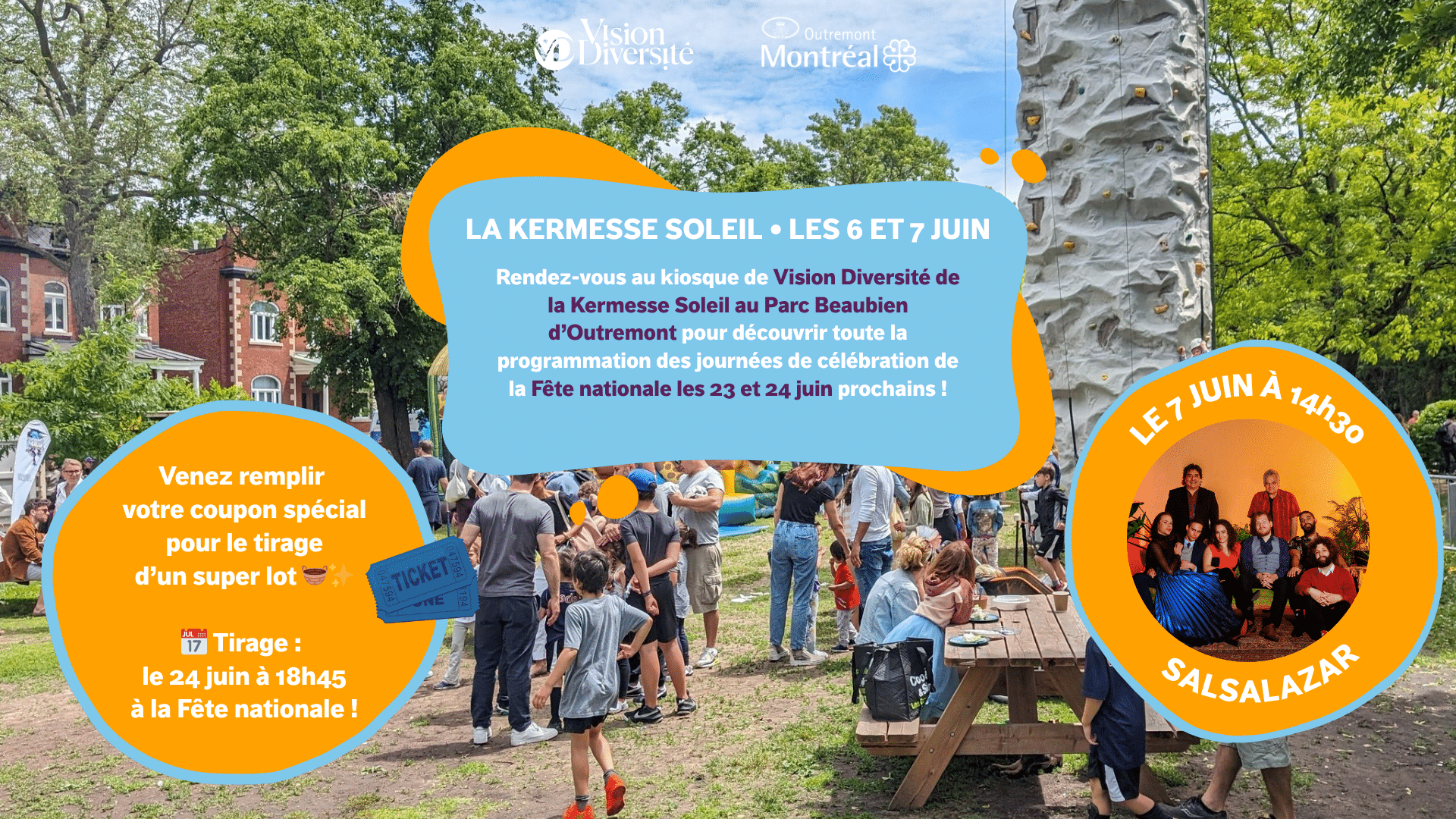 Des personnes se rassemblent dans un parc sous un ciel dégagé lors d'un festival. Des tentes et des arbres colorés sont visibles. Un texte promotionnel indique les dates de l'événement, le tirage d'une tombola et un spectacle de danse appelé Salsalazar qui aura lieu le 7 juin.