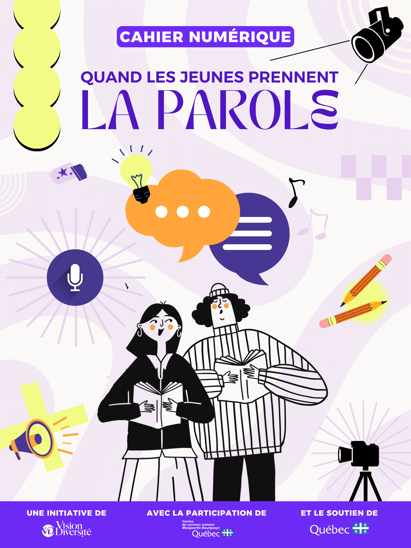 Illustration représentant deux jeunes tenant des livres, des bulles de dialogue, un micro, un appareil photo, une ampoule, des crayons et des icônes créatives. Le texte en français indique : « Quand les jeunes prennent la parole ». Des logos apparaissent en bas.