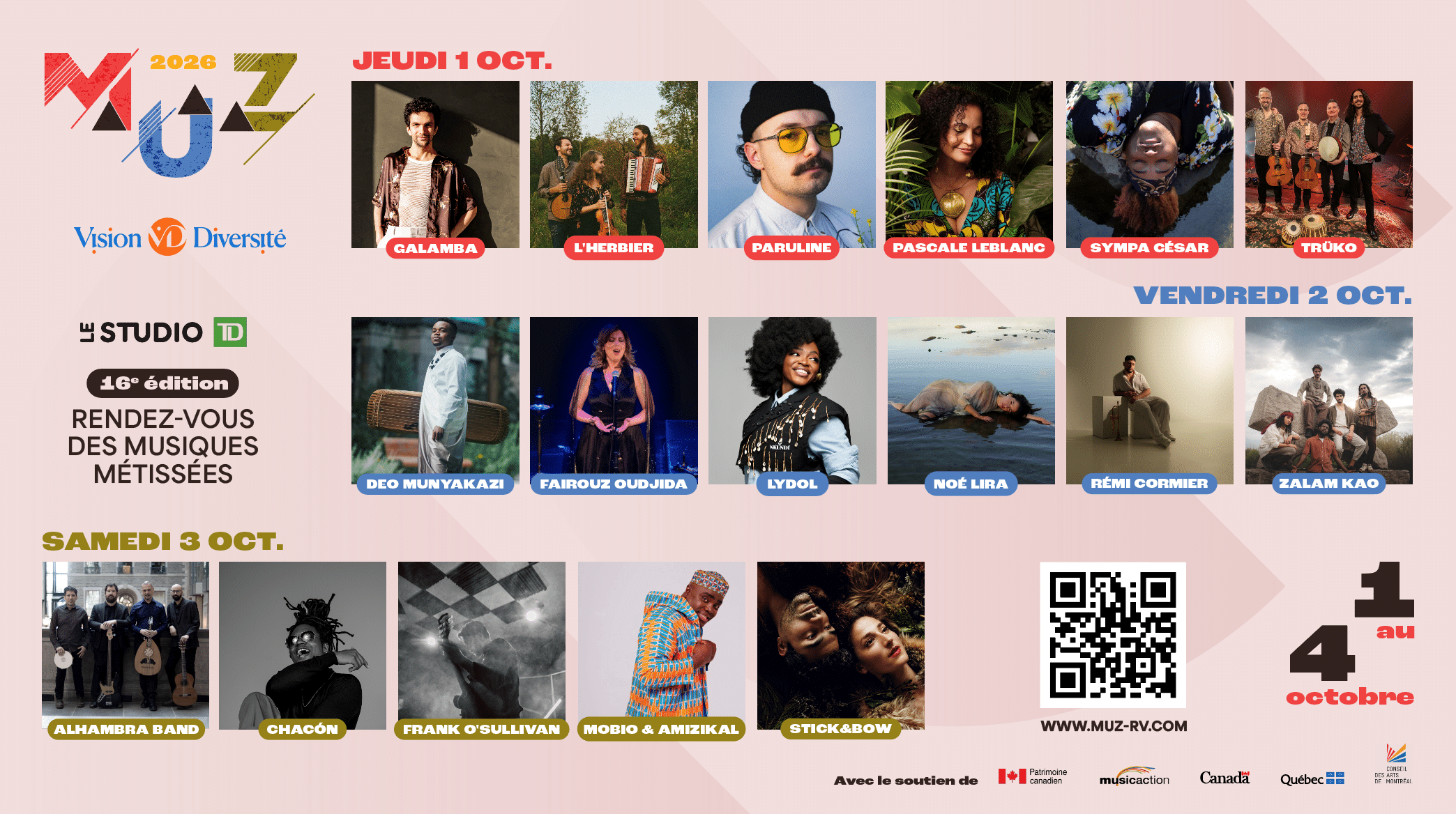 Affiche promotionnelle du MUZ Festival 2020, présentant des photos d'artistes, les dates de l'événement (du 1er au 4 octobre) et les logos. Elle indique les noms des artistes programmés pour chaque jour, le tout dans un design coloré et géométrique.