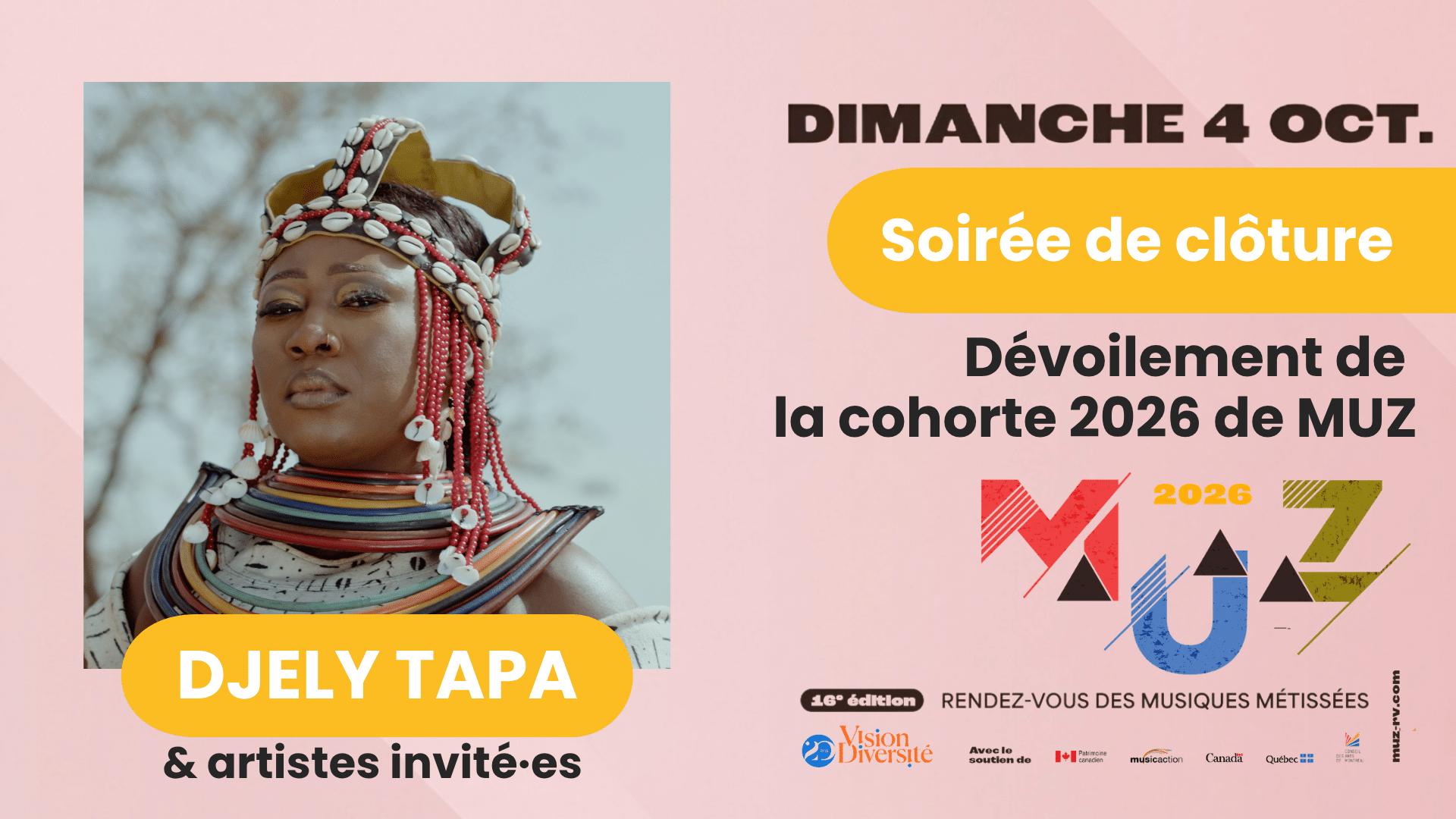 Djely Tapa, vêtue d'un costume traditionnel, figure sur une affiche annonçant l'événement MUZ 2026. Le texte met en avant la soirée de clôture, la présentation des participants et la date, le dimanche 4 octobre. L'affiche comporte également les logos et les informations relatives à l'événement.