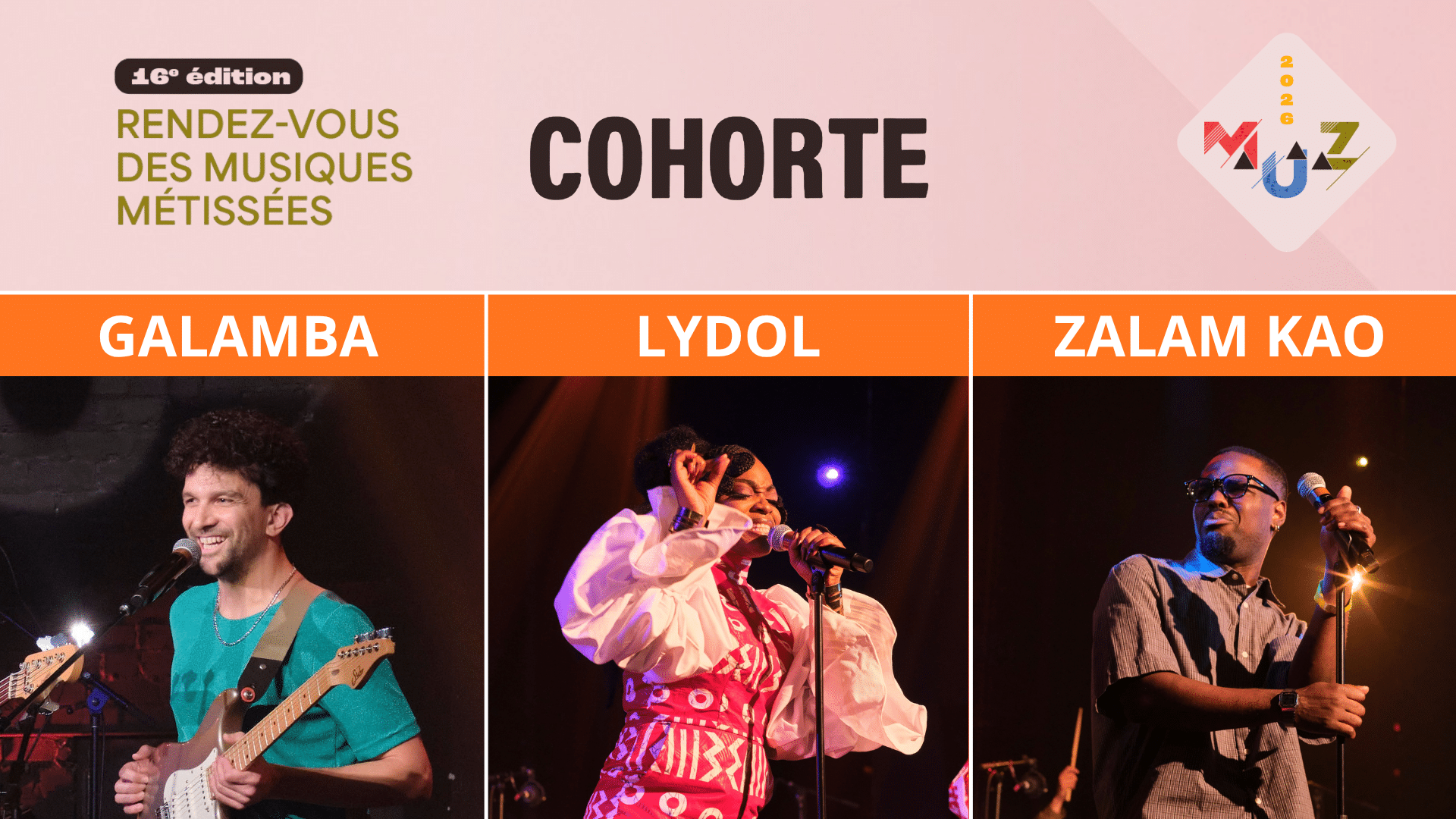 Affiche promotionnelle de la 16e édition du Rendez-vous des musiques métissées, mettant à l'affiche les artistes Galamba, Lydol et Zalam Kao.